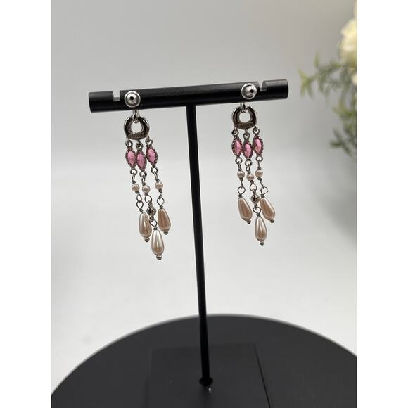 Monet Pink Pave Rhinestone Faux Teardrop Pearls Dangle Chandelier Earrings - Picture 4 of 8